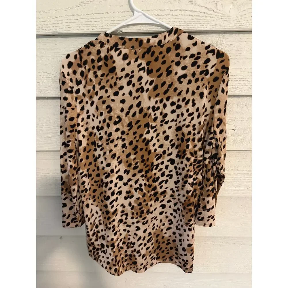 FYLO Leopard Print Zip Front Blouse Top Size Medium Animal Print 3/4 Sleeve - Picture 10 of 10